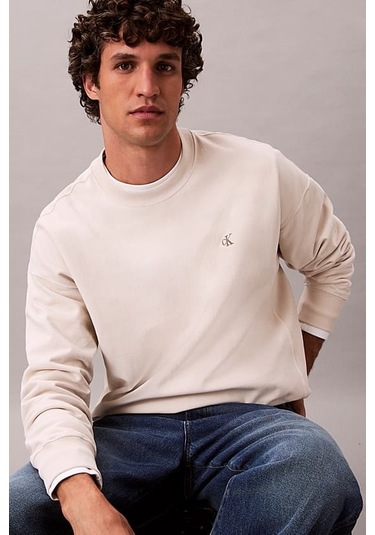 Erkek Rahat Kalıp Bisiklet Yaka Sweatshirt - Ekru Chalk