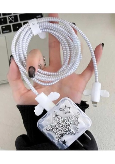 Iphone 18w/20w Uyumlu Şarj Kablosu Ucu Ve Şarj Başlığı Kılıfı Simli Yıldız