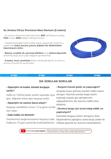 Su Arıtma Cihazı Premium Mavi Hortum 5 Metre