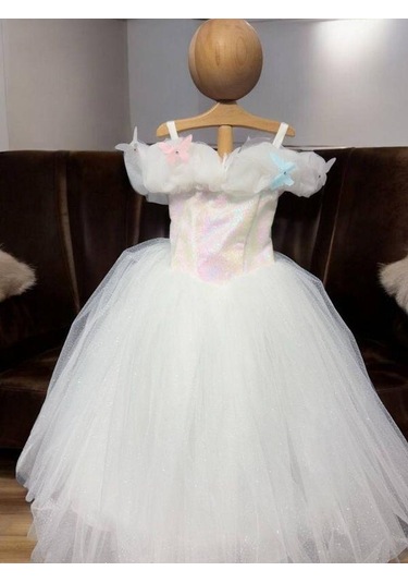 Kız Çocuk Prenses Yaka Kelebek İşlemeli Pullu Tarlatanlı Abiye Elbise-15464 Beyaz