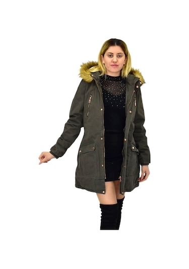 Kadın Büyük Beden Spor Kanvas Kapüşonlu Parka M5300 Bgl-st03987 Haki