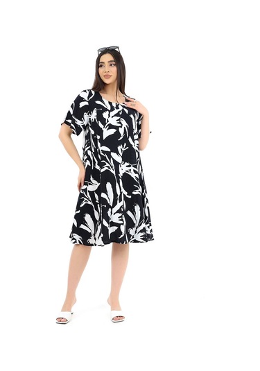 Schık Kadın Viskon Yarım Kol Kare Yaka Elbise Siyah Siyah