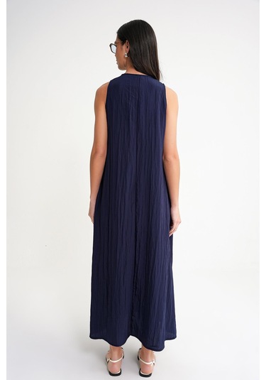 4700 Kadın V Yaka Önü Pileli Elbise Lacivert Lacivert