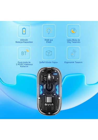 Aula Am210 Dual Mode Bluetooth Ve Kablosuz 1600dpı Rgb Şeffaf Şarjlı Mouse