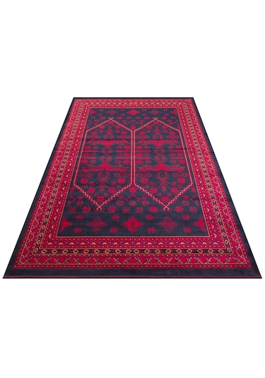 Herat Her 01 Navy Afgan Desenli Viskon Sık Dokuma Kaymaz Tabanlı İnce Makine Halısı