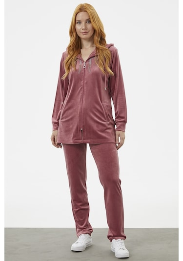 Tam Fermuarlı Kadife Taşlı Eşofman Takım - Gül Kurusu 001