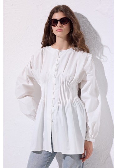 Beli Pile Detaylı Uzun Kol Bluz Ekru Ekru