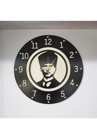 Atatürk Ahşap Siyah Renk Sade Sayılı Hediyelik Sessiz Duvar Saati 50cm Siyah