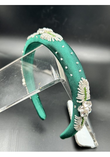 Tasarım El Yapımı El İşlemeli Yeşil Saten Gümüş Nakış İşleme Abiye Kına Nişan Saç Aksesuarı Taç Yeşil