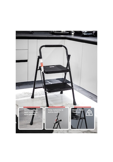 Perilla 51402 Stepla Geniş 2 Basamaklı Katlanır Merdiven Eurotower Siyah 2 Basamaklı