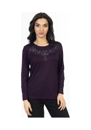 Yeni Model Taş İşlemeli Yuvarlak Yaka Likralı Anne Penye Bluz 6435-mürdüm