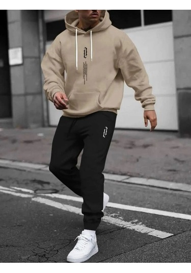 Hırsch Unisex Bej Oversize Dikey Baskılı Alt Üst Takım Bej
