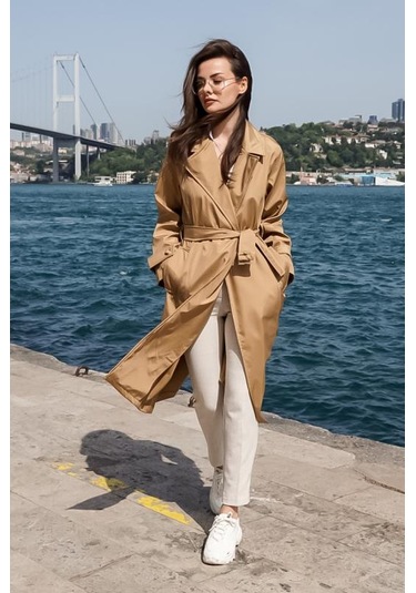 Düğmeli Kemerli Uzun Klasik Trençkot 2115 Camel
