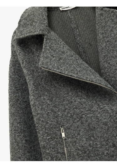 Koton Uzun Kollu Cepli Fermuar Detaylı Kısa Buklet Kaban Gri 6wak20198ew Gri