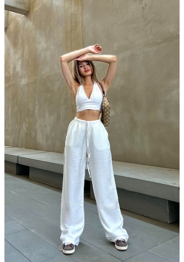 Pembe Keten Karışımlı Bol Kesim Pantolon Beyaz