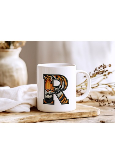 R Harfi Kaplan Figürlü Nakış Desenli Kupa Bardak - Kişiye Özel Vahşi Hayvan Desenli Kupa - Hediye Beyaz