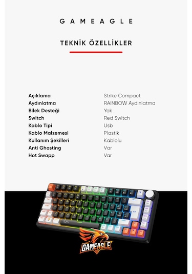 Strike Compact Mekanik Klavye Hot Swap Anti Ghosting Türkçe Örgü Kablo Oyuncu Klavyesi Siyah
