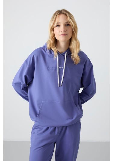 Tommy Life Eflatun Kapüşonlu Kanguru Cep Oversize Lastik Paça Kadın Eşofman Takımı - 95288 Mor