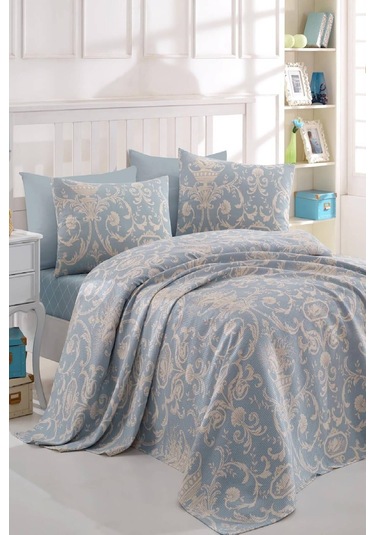 Enlora Home Tuval Doğal Baskılı Pike Çift Kişilik Mavi