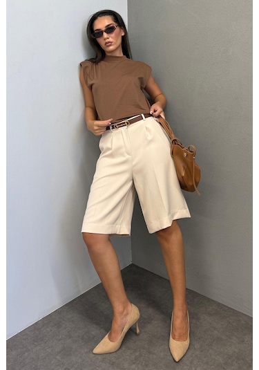 Madmext Bej Pileli Kadın Bermuda Şort Mg2483 Bej