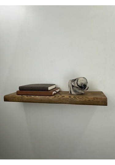 60 Cm Ahşap Duvar Rafı, Kütük Duvar Rafı, Masif Raf Koyu Meşe