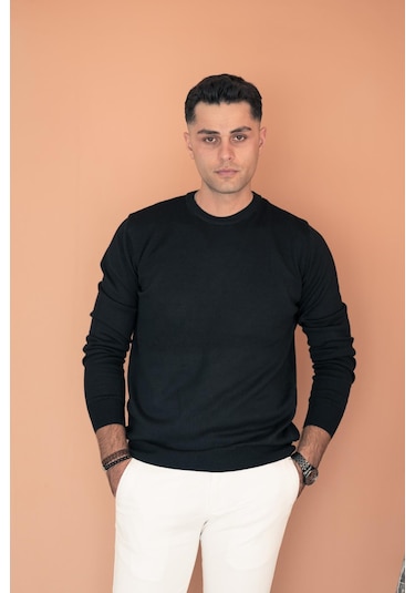 Sıfır Yaka Pamuklu Slimfit Basic Erkek Triko Kazak Siyah