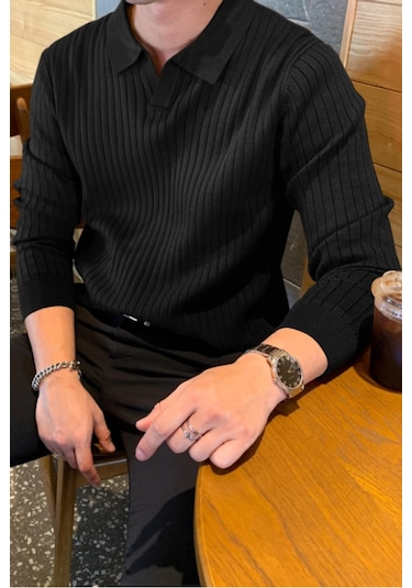 Cool Tarz Erkek Polo Yaka Triko Kazak Slim Fit Fitilli Siyah