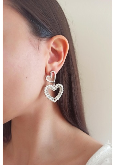 Byzeynaaksesuar Kadın Özel Tasarım Suni İncili Kalp Model Küpe Çok Renkli