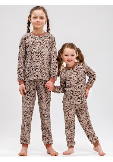 Babycollection Leopar Desenli Pantolonlu Kız Çocuk Pijama Takımı 252658790 Bej