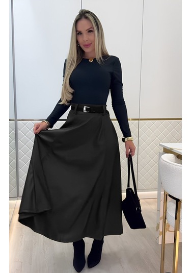 Kadın Yüksek Belli Maxi Deri Kemersiz Etek Siyah