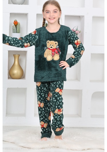 Kız Çocuk Welsoft Kumaş-göz Bantlı Ayıcık Baskılı Pijama Takımı 12293 Zümrüt Yeşili