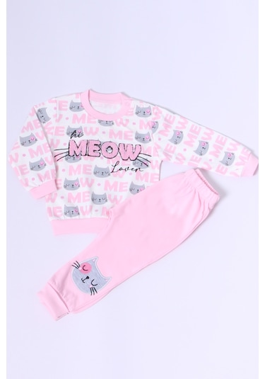 Hçm Kız Bebek Eşofman Takımı Kedicik Baskılı Çıtçıtlı B72 Pembe