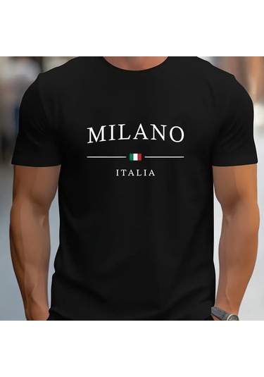 Guılan Erkek Milano Baskılı Pamuk Tişört - Yazlık Rahat Kısa Kollu Üstblack Black