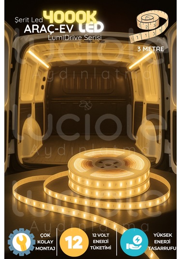 Lumidrive 3m 4000k Araç İçi Led Şerit 12v Doğal Beyaz Aydınlatma, Kablolu, Yapışkanlı, Kesilebilir