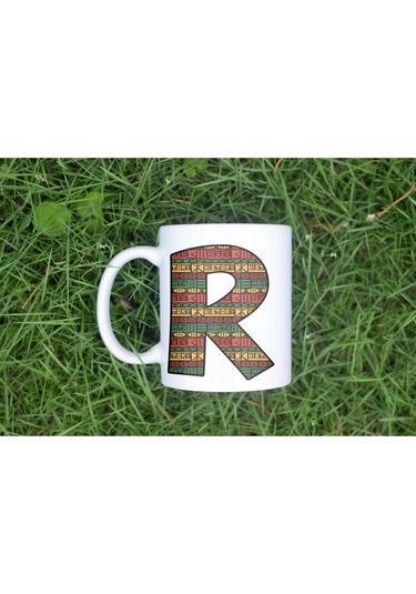 R Harfi Etnik Desenli Kupa - Afrika Tarzı Kahve Çay Kupası - Hediyelik - Black History Beyaz