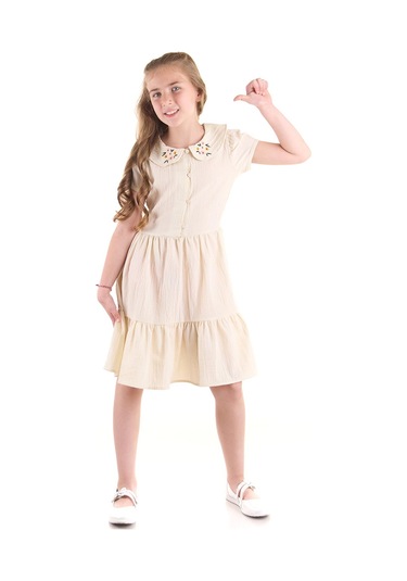 Ahengim Kız Çocuk Düğmeli Yaka Nakışlı Elbise Trend Pamuklu Pamuklu Ak2523 KREM