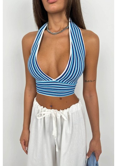 Çizgili Boyun Bağlamalı Crop Mavi
