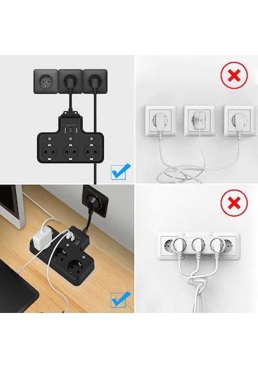 2 Adet Üç Priz Bağımsız Anahtar 3 Soket Ve 3 Usb Şarj