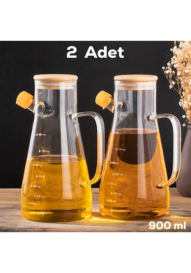 Porsima 401275 2 Li Bambu Kapak Borosilikat Ölçekli Cam Yağlık