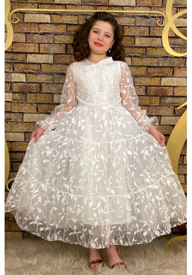 Riccotarz Kız Çocuk Kolları Ve Yakası Şeffaf Tüllü Ve Yaprak Detaylı Beyaz Elbise Beyaz