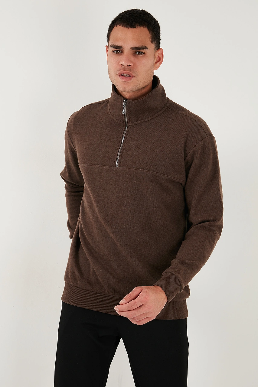 Buratti Pamuklu Regular Fit Yarım Fermuarlı Dik Yaka Erkek Kazak 456112 Kahve