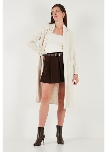 Lela % 100 Akrilik Triko Örme Uzun Bayan Hırka 4615212 Açık Taş