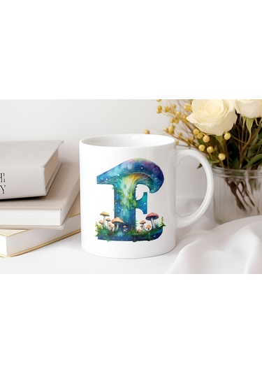 F Baş Harfi Fantastik Mantarlı Kupa Bardak - Kişiye Özel Masalsı Bardak - Hediye Beyaz