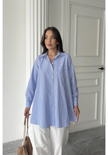 Mavi Çizgili Uzun Gömlek Mavi