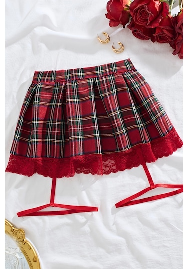 Merry See Pileli Dantelli Ekose Etek Jartiyer Detaylı Çok Renkli