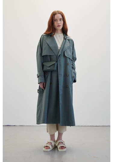 Manuka Düğmeli Kruvaze Trençkot Irmak Yeşil