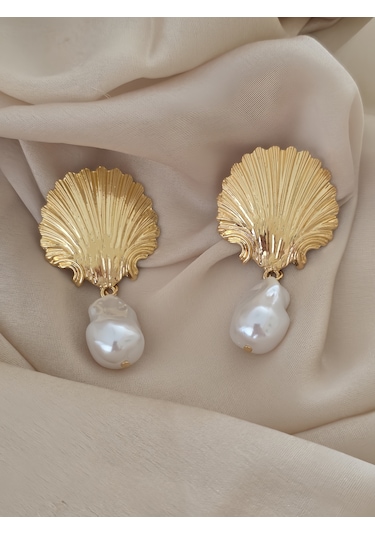 İstiridye Midye İnci Model Sallantılı Vintage Küpe Gold