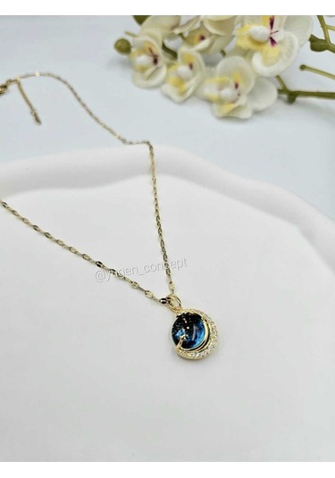 Altın Kaplama Zirkon Taşlı Gökyüzü Çelik Kolye Altın