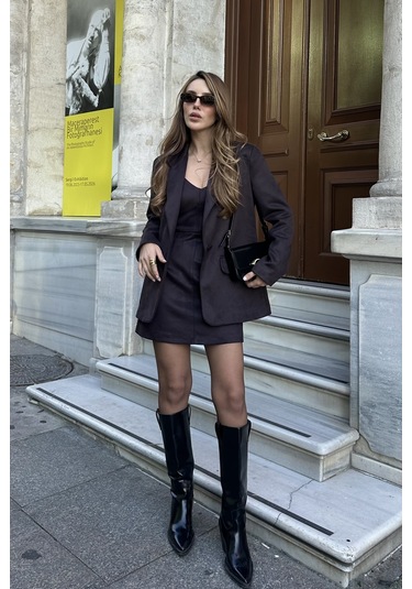 Acı Kahve Süet Elbise Ceket Takım - 242467 Kahverengi