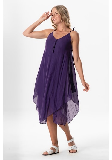 Askılı Vual Afrodit Midi Boy Yazlık Elbise Mor Mor Mor